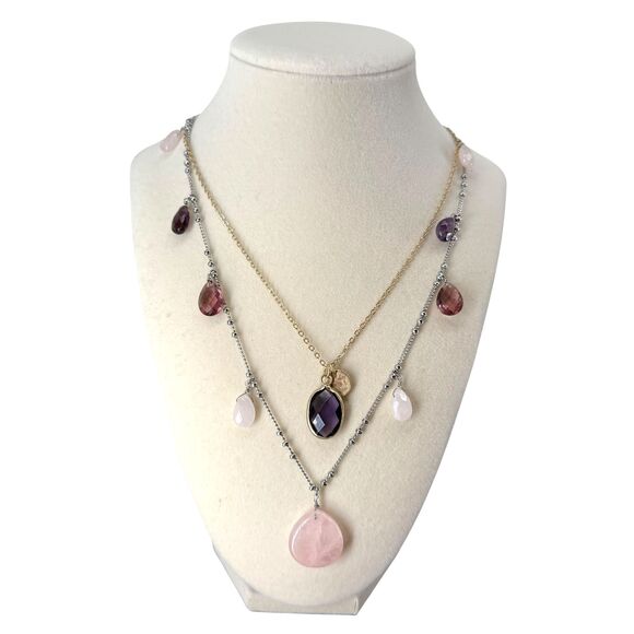 J. Jill Layered Necklace Faceted Glass Charms Iced Rose Quartz Teardrop Adjusts - Picture 3 of 15